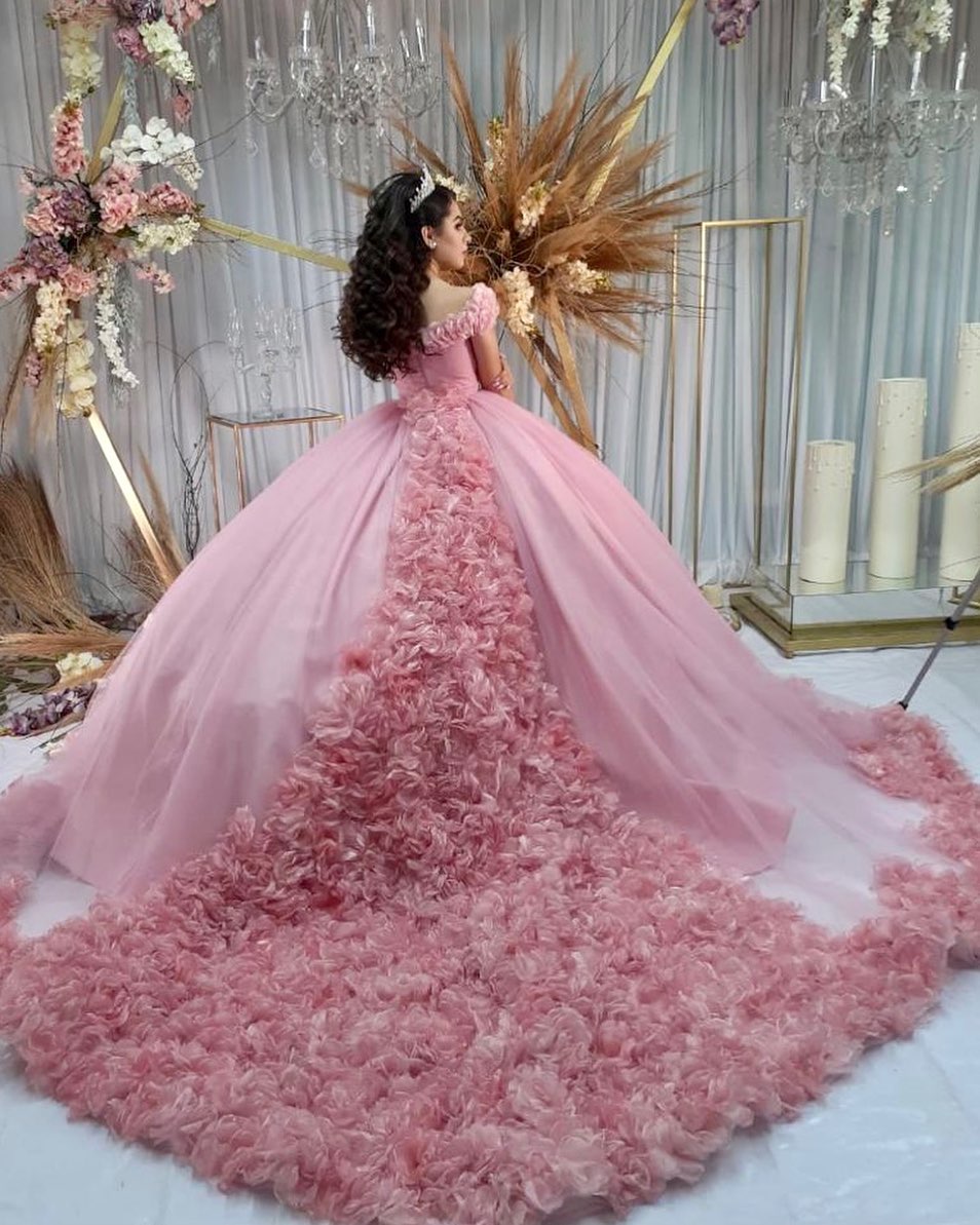 Custom Pink Vestidos De Quinceañera Debutante De La Cola Larga Vestidos De  Quinceañera Flores Decorado Sweet 16 Vestidos Vestidos De 15 Anos |  .uk